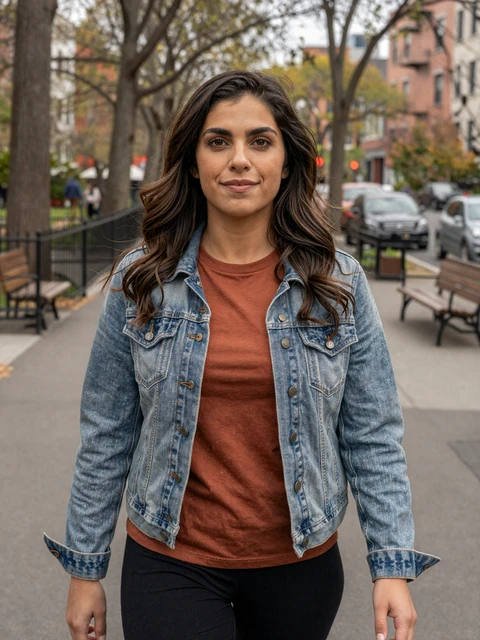 Sofia, 29, Vikiline member from Brooklyn walking in a leafy neighborhood park