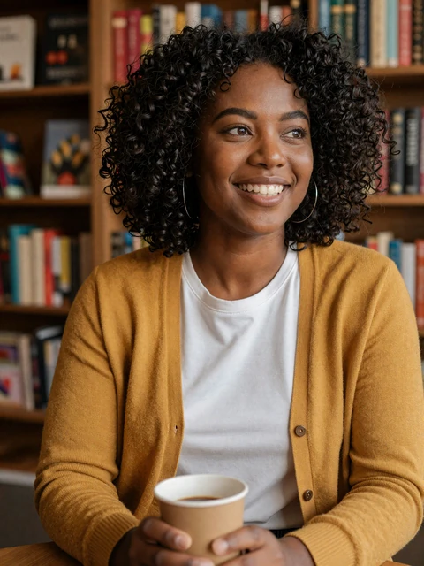 Maya, 31, Vikiline member from Atlanta laughing in a neighborhood bookshop