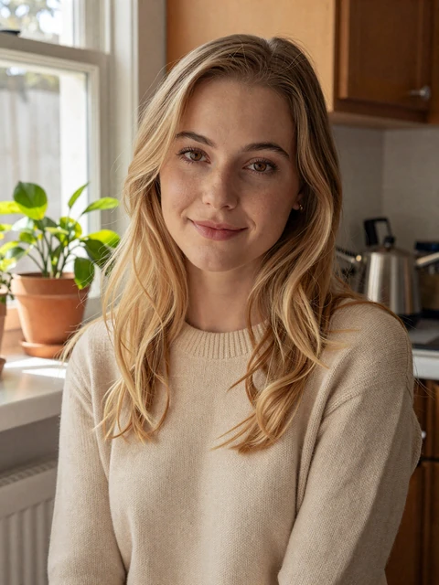 Ava, 28, smiling Vikiline member from Denver browsing matches on a sunny morning